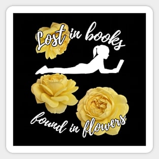 Lost in Books, Found in Flowers – book lover among yellow roses Sticker